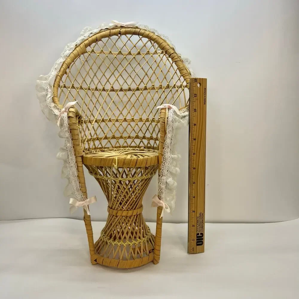vtg peacock chair doll size lace bow trim wicker‎ plant stand cottagecore boho